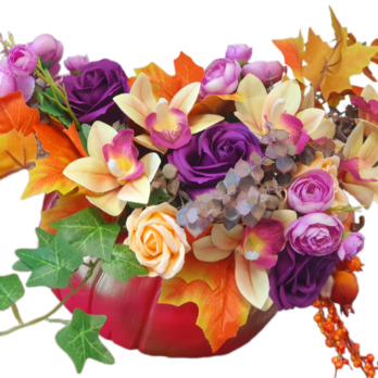 Dovleac ghiveci decorat cu flori din silicon, mătase, sapun