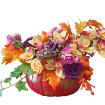 Dovleac ghiveci decorat cu flori din silicon, mătase, sapun