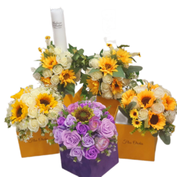 Pachet nuntă – Buchete si lumânări decorate cu flori de mătase și flori de săpun parfumate